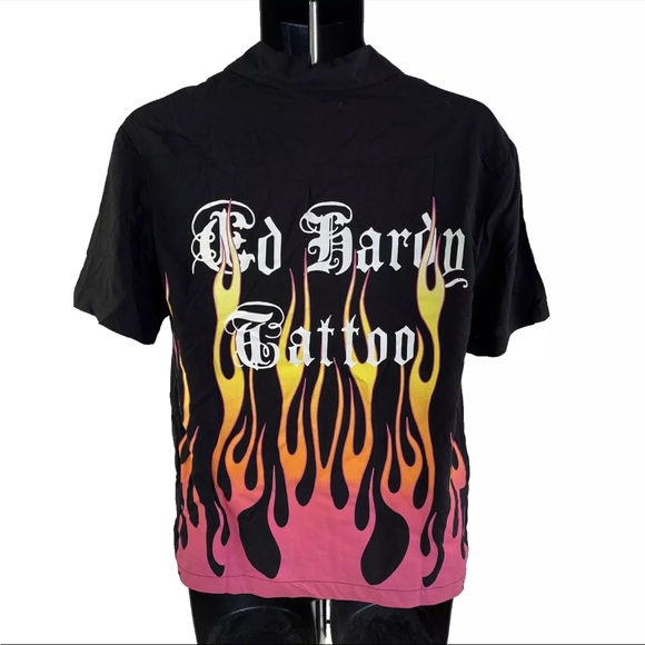New Mens Ed Hardy Tattoo Flames Short Sleeve Button Up Shirt Sz S 100% Viscose - Picture 3 of 8
